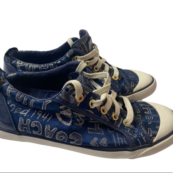 COACH Barrett Navy/Gold Metallic Poppy Signature Sneakers..Size:9.5 - Picture 4 of 11